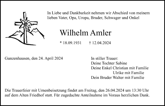 Traueranzeige von Wilhelm Amler von Altmühl-Bote Lokal