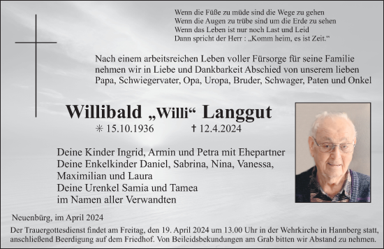 Traueranzeige von Willibald Langgut von Nordbayerische Nachrichten Herzogenaurach Lokal