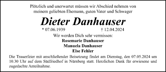 Traueranzeige von Dieter Danhauser von Gesamtausgabe Nürnberger Nachrichten/ Nürnberger Ztg.