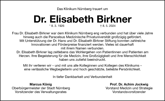 Traueranzeige von Elisabeth Birkner von Gesamtausgabe Nürnberger Nachrichten/ Nürnberger Ztg.