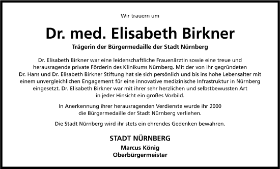 Traueranzeige von Elisabeth Birkner von Gesamtausgabe Nürnberger Nachrichten/ Nürnberger Ztg.