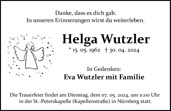 Traueranzeige von Helga Wutzler von Gesamtausgabe Nürnberger Nachrichten/ Nürnberger Ztg.
