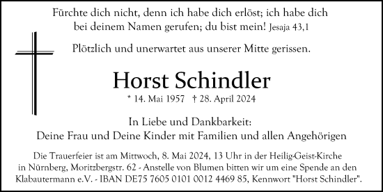 Traueranzeige von Horst Schindler von Gesamtausgabe Nürnberger Nachrichten/ Nürnberger Ztg.
