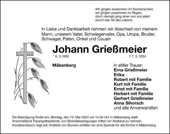 Traueranzeige von Johann Grießmeier von Roth-Hilpoltsteiner Volkszeitung Lokal