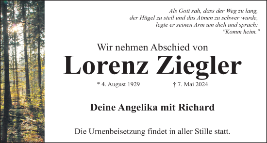 Traueranzeige von Lorenz Ziegler von Gesamtausgabe Nürnberger Nachrichten/ Nürnberger Ztg.