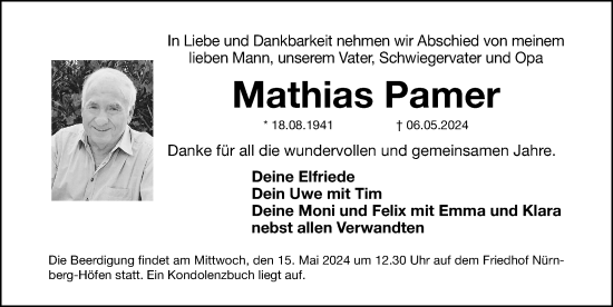 Traueranzeige von Matthias Pamer von Gesamtausgabe Nürnberger Nachrichten/ Nürnberger Ztg.