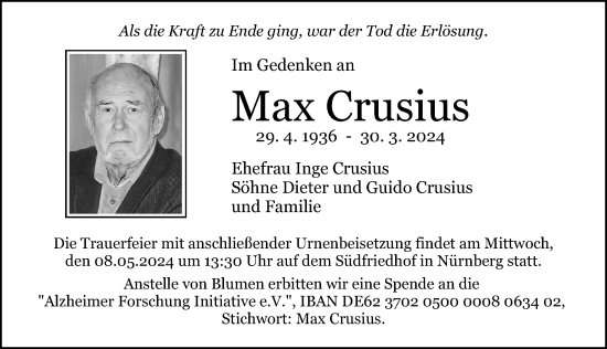 Traueranzeige von Max Crusius von Gesamtausgabe Nürnberger Nachrichten/ Nürnberger Ztg.