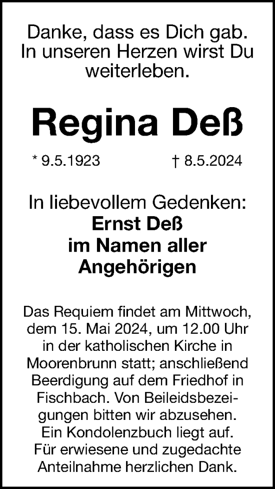 Traueranzeige von Regina Deß von Gesamtausgabe Nürnberger Nachrichten/ Nürnberger Ztg.
