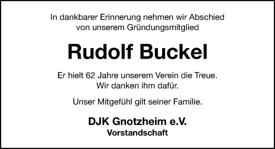 Traueranzeige von Rudolf Buckel von Altmühl-Bote Lokal