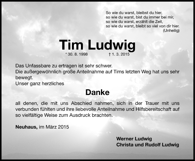  Traueranzeige für Tim Ludwig vom 21.03.2015 aus Nordbayerische Nachrichten Herzogenaurach Lokal