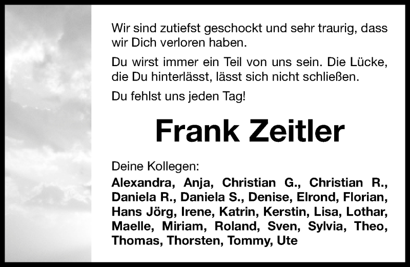  Traueranzeige für Frank Zeitler vom 08.09.2015 aus Gesamtausgabe Nürnberger Nachrichten/ Nürnberger Ztg.