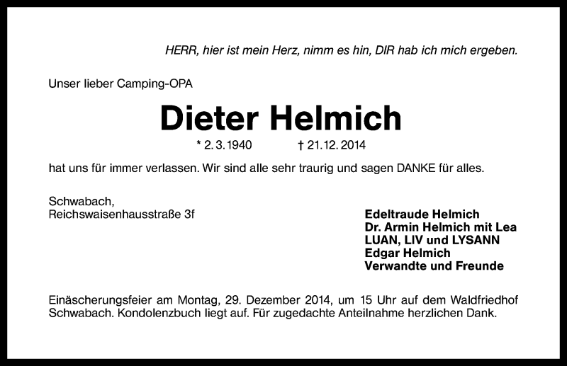  Traueranzeige für Dieter Helmich vom 27.12.2014 aus Schwabach