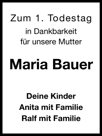 Traueranzeige von Maria Bauer von Nürnberger Nachrichten