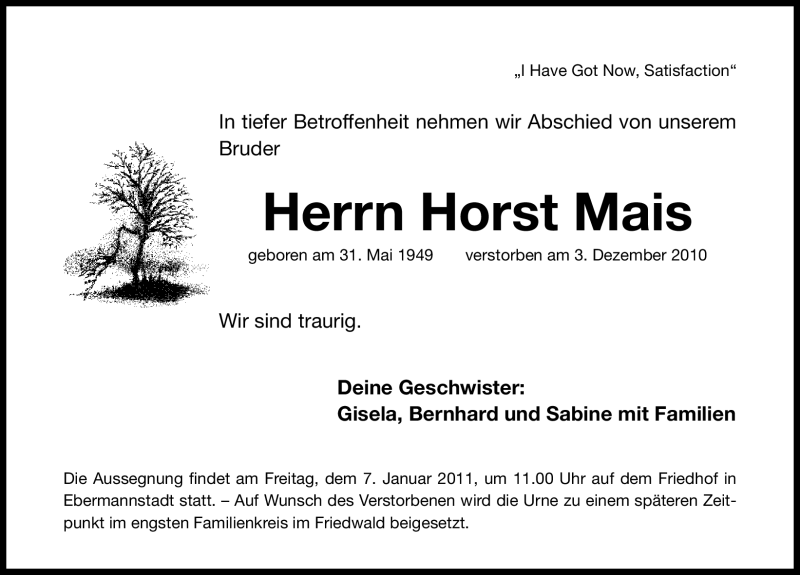  Traueranzeige für Horst Mais vom 04.01.2011 aus Nürnberger Nachrichten