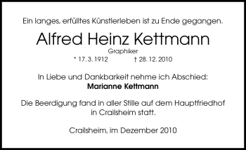 Traueranzeige von Alfred Heinz Kettmann von Nürnberger Nachrichten