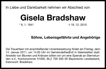 Traueranzeige von Gisela Bradshaw von Nürnberger Nachrichten