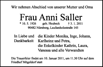 Traueranzeige von Anni Saller von Nürnberger Nachrichten