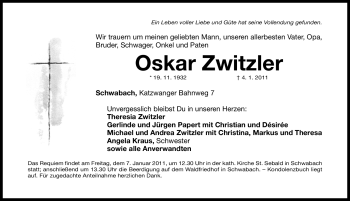 Traueranzeige von Oskar Zwitzler von Nürnberger Nachrichten