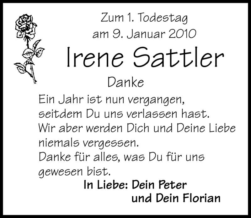  Traueranzeige für Irene Sattler vom 08.01.2011 aus Nürnberger Nachrichten
