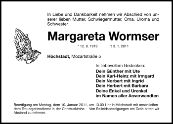 Traueranzeige von Margareta Wormser von Nürnberger Nachrichten