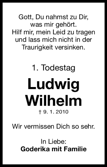 Traueranzeige von Ludwig Wilhelm von Nürnberger Nachrichten