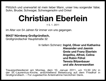 Traueranzeige von Christian Eberlein von Nürnberger Nachrichten