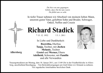 Traueranzeige von Richard Stadick von Nürnberger Nachrichten