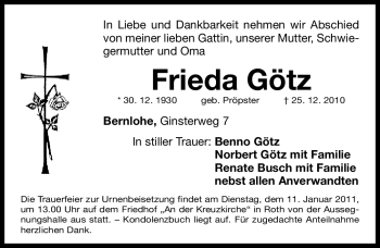 Traueranzeige von Frieda Götz von Nürnberger Nachrichten