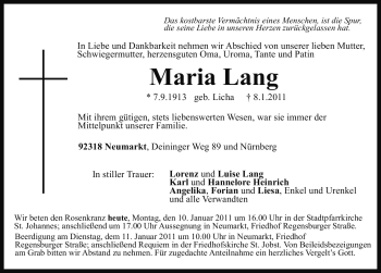 Traueranzeige von Maria Lang von Nürnberger Nachrichten