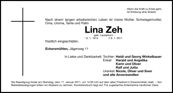 Traueranzeige von Lina Zeh von Nürnberger Nachrichten