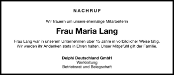 Traueranzeige von Maria Lang von Nürnberger Nachrichten