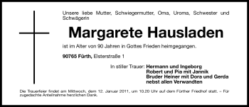 Traueranzeige von Margarete Hausladen von Nürnberger Nachrichten