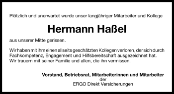Traueranzeige von Hermann Haßel von Nürnberger Nachrichten