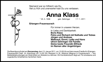 Traueranzeige von Anna Klass von Nürnberger Nachrichten