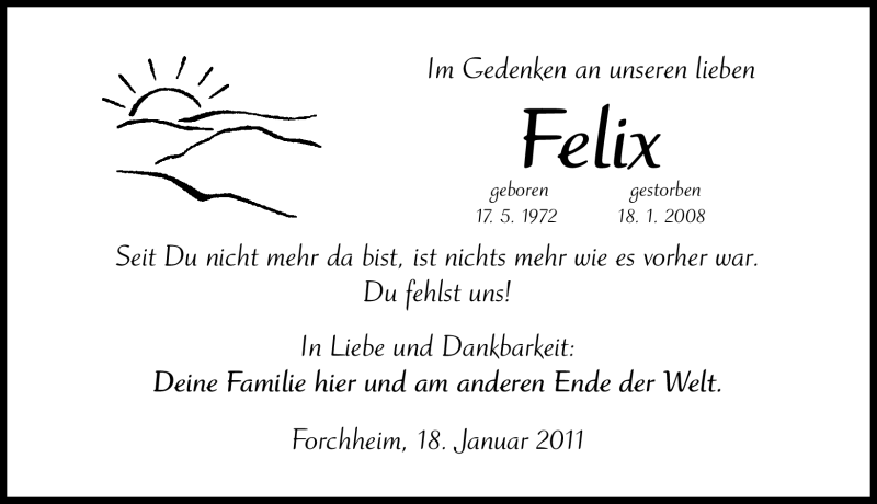  Traueranzeige für Felix  vom 18.01.2011 aus Nürnberger Nachrichten