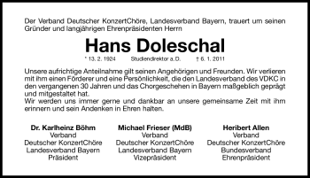 Traueranzeige von Hans Doleschal von Nürnberger Nachrichten