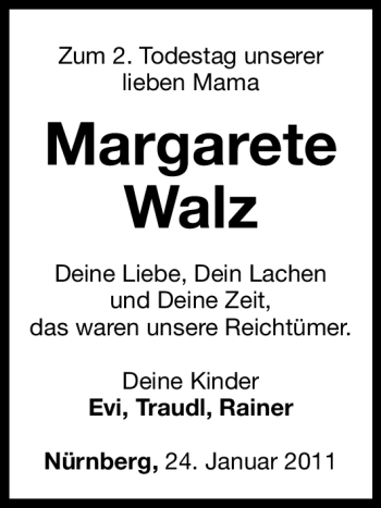 Traueranzeige von Margarete Walz von Nürnberger Nachrichten