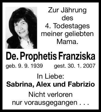 Traueranzeige von Franziska De. Prophetis von Nürnberger Nachrichten