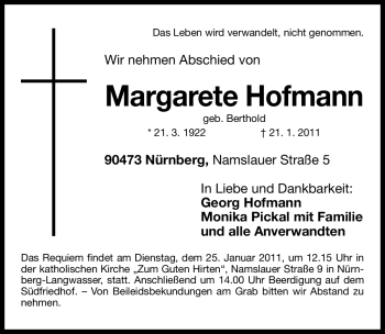 Traueranzeige von Margarete Hofmann von Nürnberger Nachrichten