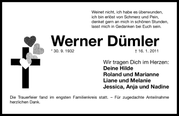 Traueranzeige von Werner Dümler von Nürnberger Nachrichten