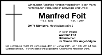 Traueranzeige von Manfred Foit von Nürnberger Nachrichten