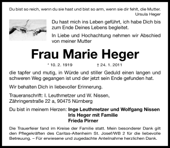 Traueranzeige von Marie Heger von Nürnberger Nachrichten