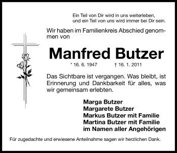 Traueranzeige von Manfred Butzer von Nürnberger Nachrichten