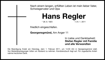 Traueranzeige von Hans Regler von Nürnberger Nachrichten