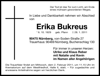 Traueranzeige von Erika Bukreus von Nürnberger Nachrichten