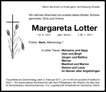 Traueranzeige von Margareta Lotter von Nürnberger Nachrichten