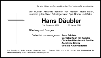 Traueranzeige von Hans Däubler von Nürnberger Nachrichten