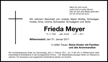 Traueranzeige von Frieda Meyer von Nürnberger Nachrichten