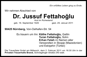 Traueranzeige von Jussuf Fettahoglu von Nürnberger Nachrichten