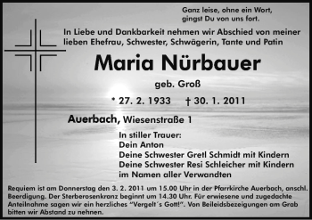 Traueranzeige von Maria Nürbauer von Nürnberger Nachrichten